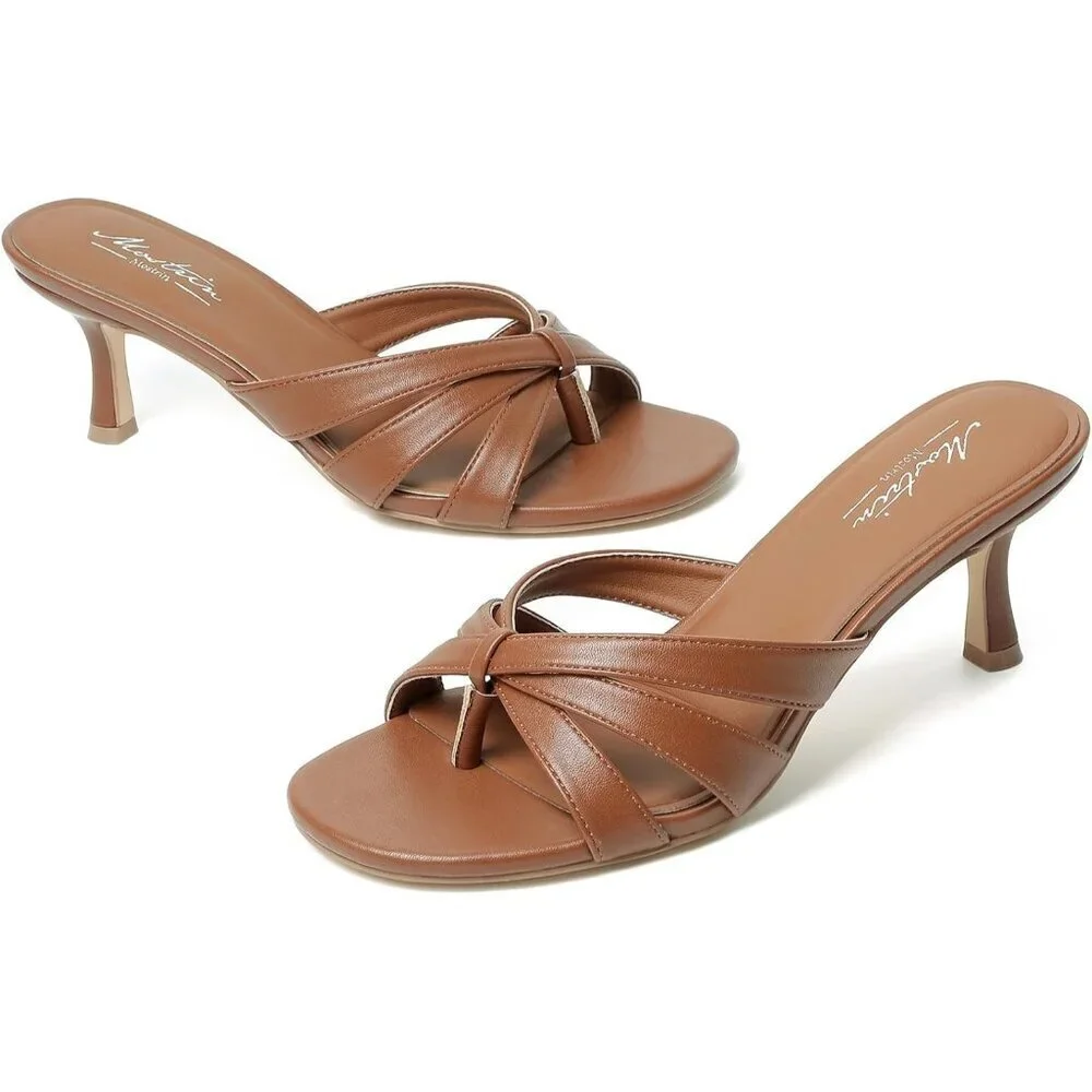 Mostrin Women's Brown Strappy Kitten Round Open Toe Fashion Thong Heeled Sandals